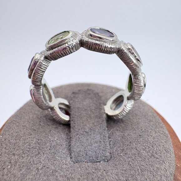 VTG Solid Sterling Silver 925 Multi-Gemstone Bezel Set Statement Ring Size 9 - Picture 5 of 10